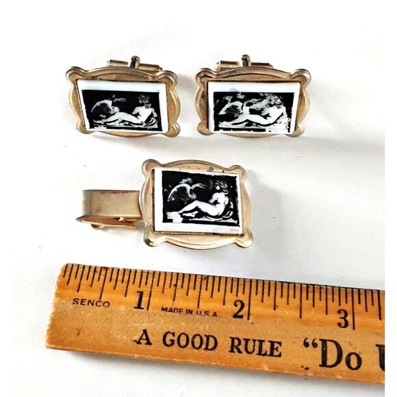 Leda and The Swan Vintage Cufflinks and Tie Bar Set, Mid Century - Picture 2 of 3
